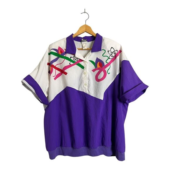 Vintage Teddi Sport Shirt Women's 22W Plus Purple White Floral Windbreaker 3X - Picture 1 of 5